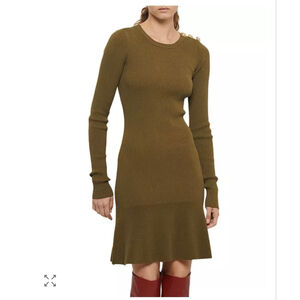 DEREK LAM 10 CROSBY Vanessa Ribbed Knit Flounce Dress In Olive
